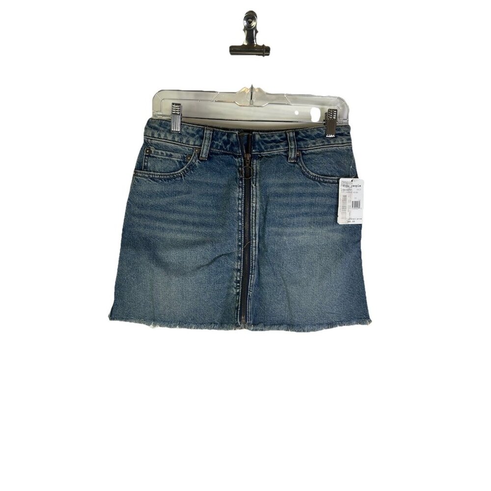 New Free People Zip it Up Raw Hem Zip Front Denim Jean Mini Skirt